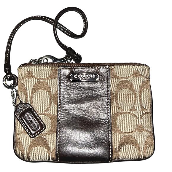 Coach Signature Canvas & Leather Khaki & Brown Wristlet - Picture 1 of 9